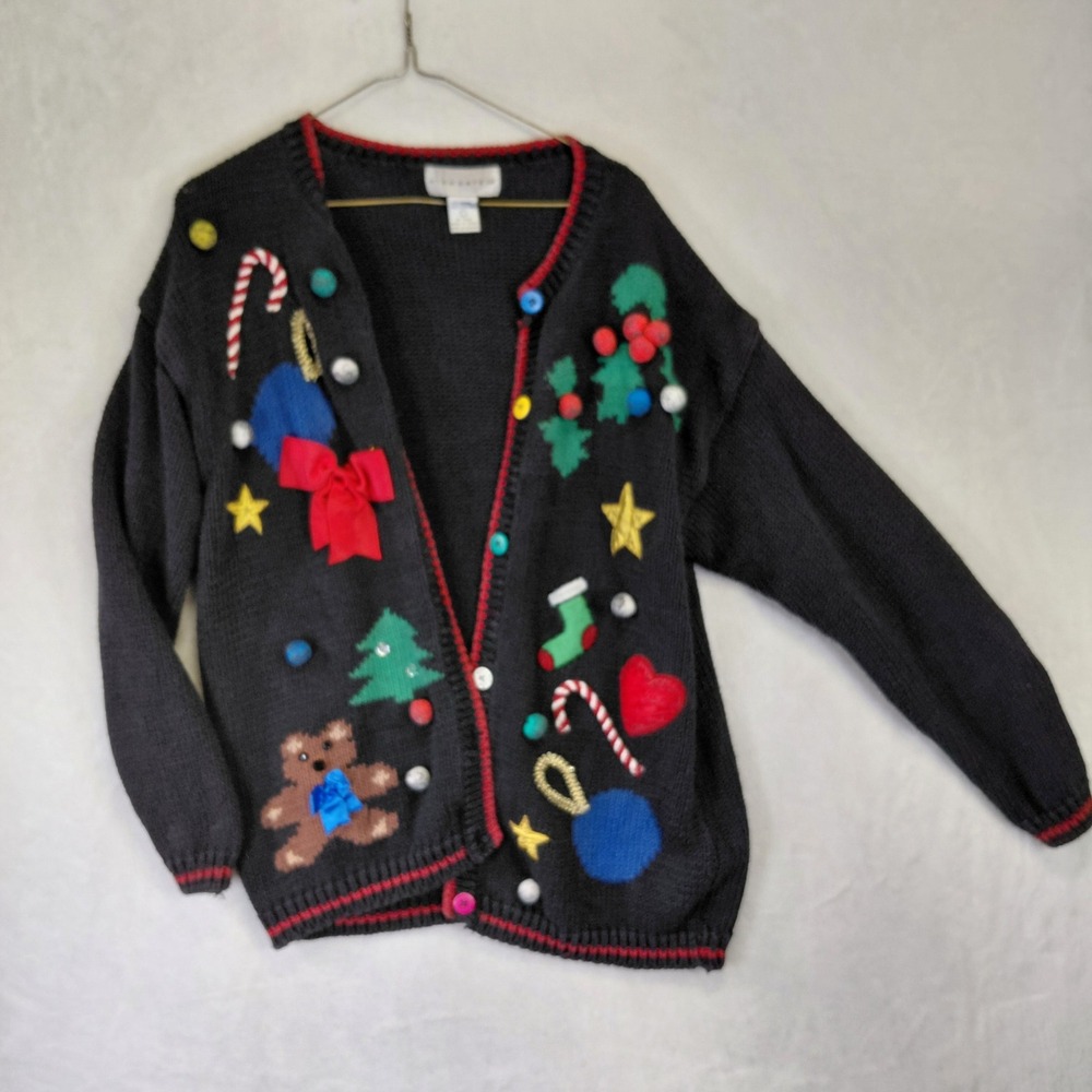 Vintage High Gate Ltd Black Ugly Christmas Sweater Cardigan Large Holiday Bear